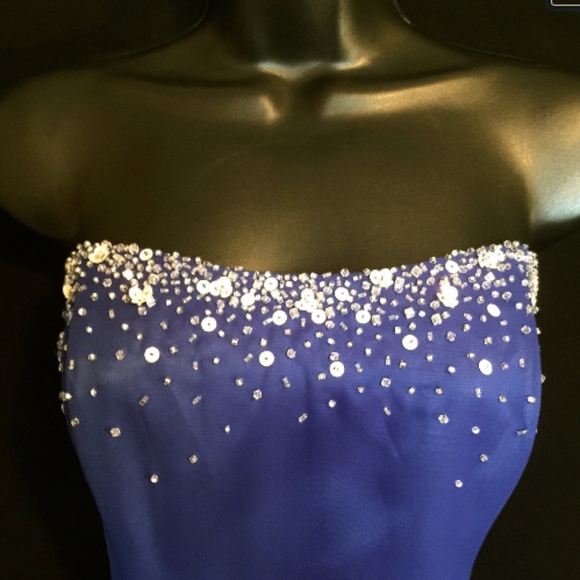 Royal Blue and White beaded Gown  VS173 - Picture 4 of 5